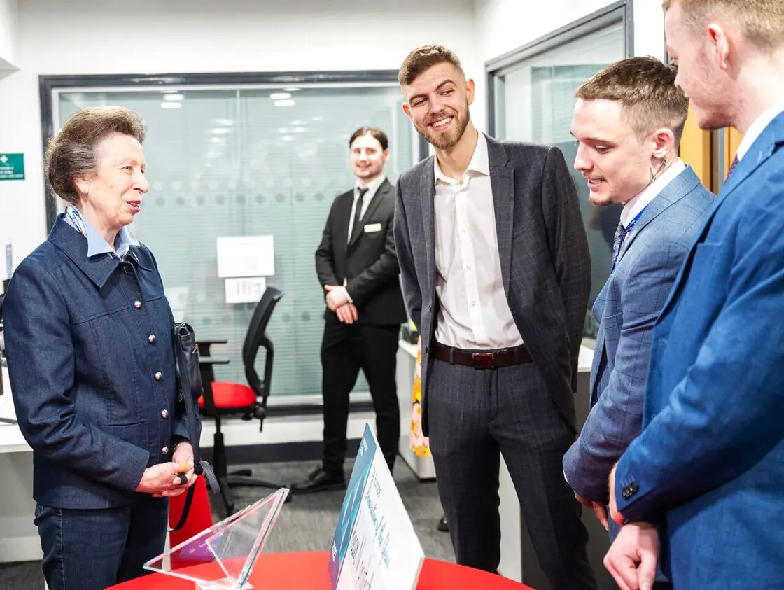 Arran Macdonald explaining hearNprotect to HRH The Princess Royal, Princess Anne