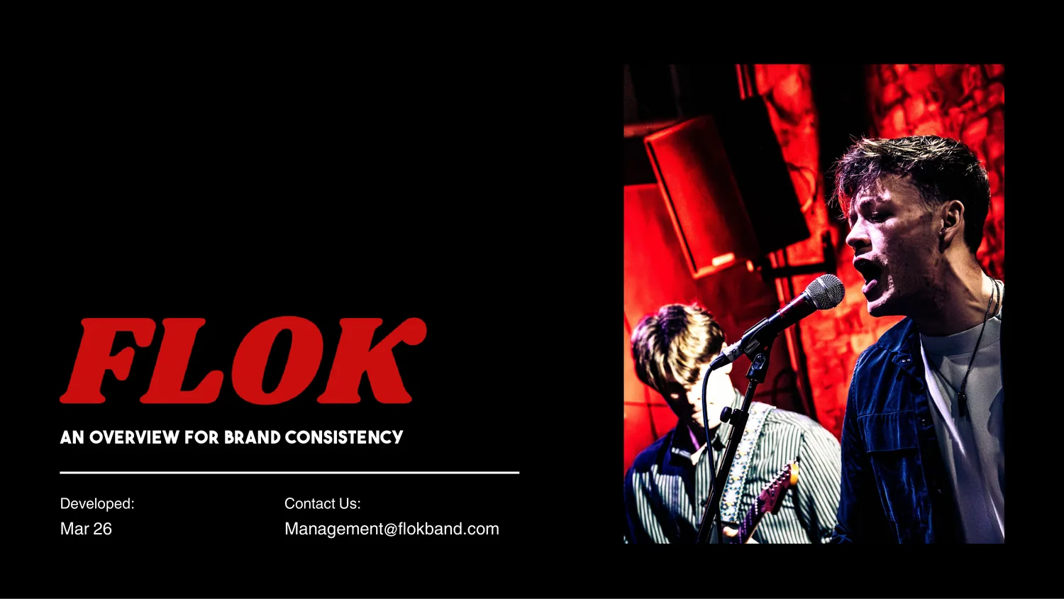 FLOK brand guidelines cover — red FLOK logotype on black beside a live band photo, titled 'An overview for brand consistency'
