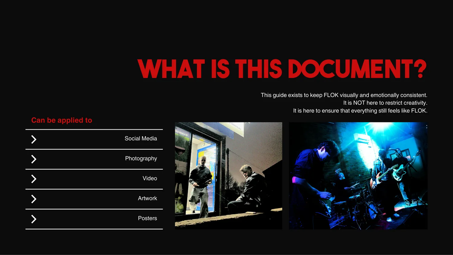 FLOK brand guidelines page 'What is this document?' — keeping FLOK consistent across social, photography, video, artwork and posters