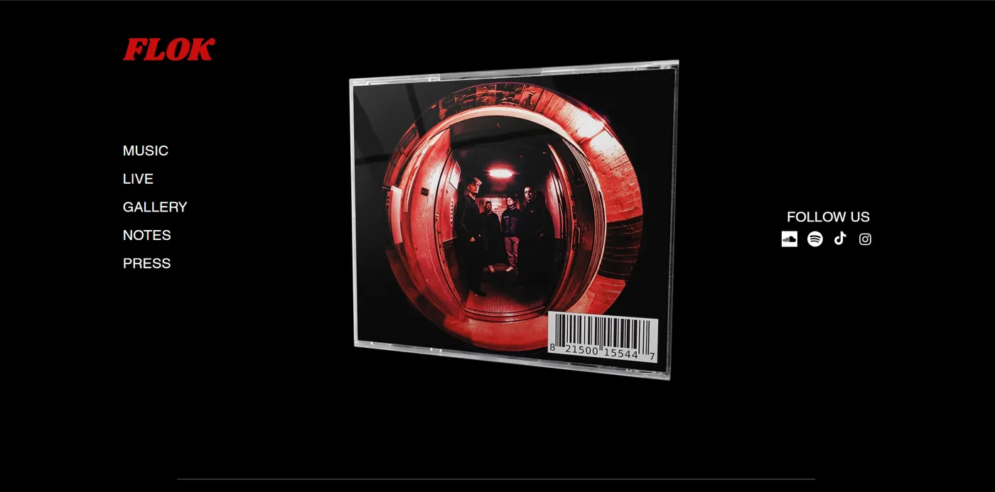 FLOK website hero: red logotype and a CD jewel case floating on black