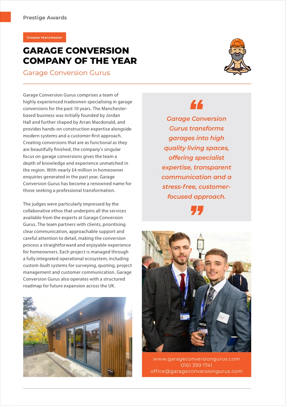 Prestige Awards feature — Garage Conversion Gurus named Garage Conversion Company of the Year, Greater Manchester 2025/26, noting nearly £4 million in homeowner enquiries and custom-built systems for surveying, quoting and project management
